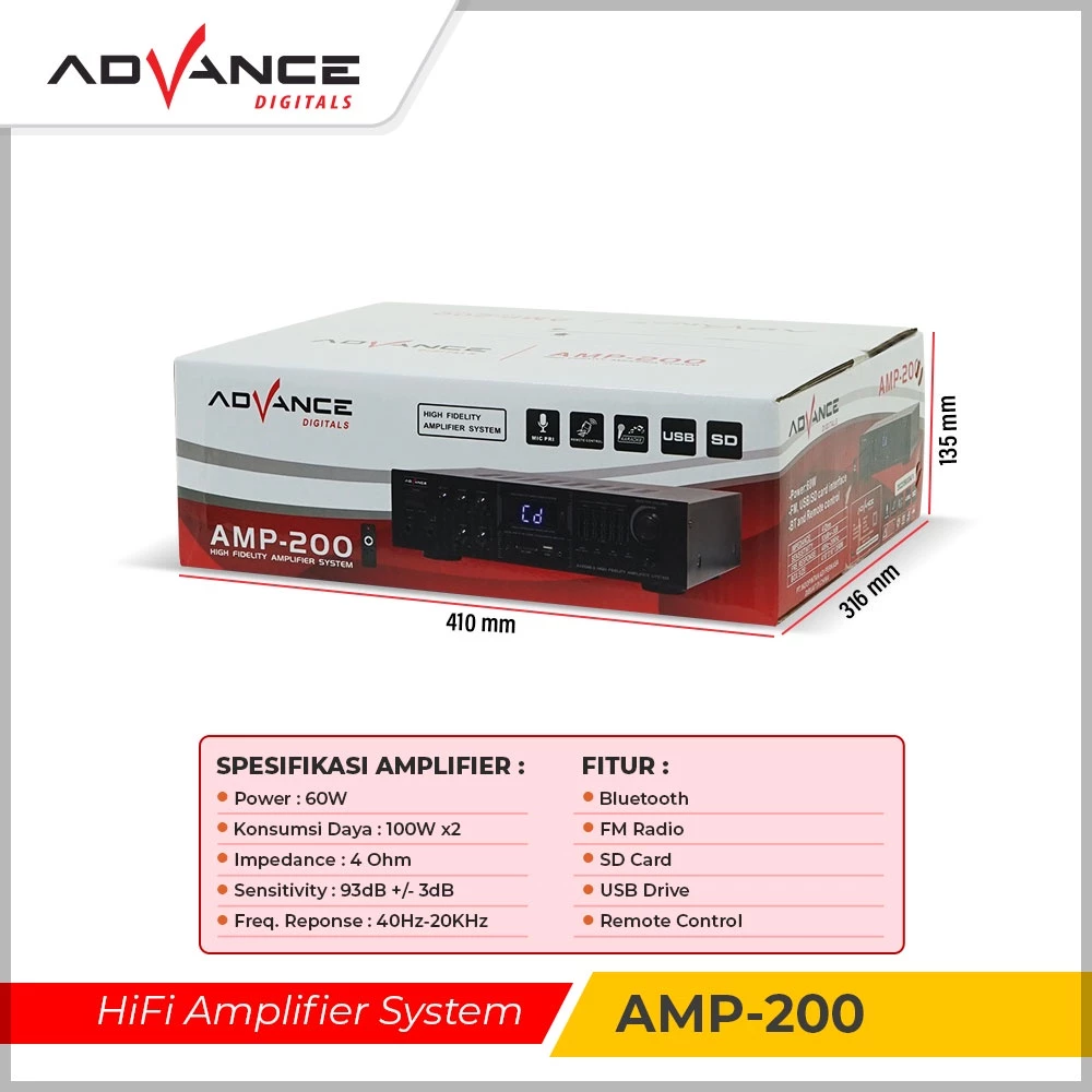ADVANCE AMP-200 High Fidelity Amplifier Sound System Ampli Karaoke Equalizer Bluetooth Stereo Amplifier - Image 8