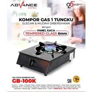 KOMPOR GAS KACA 1 TUNGKU ADVANCE GB-100K BLACK