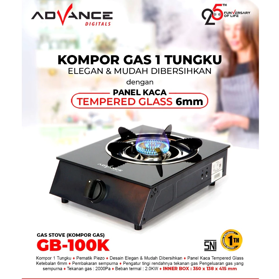 KOMPOR GAS KACA 1 TUNGKU ADVANCE GB-100K BLACK
