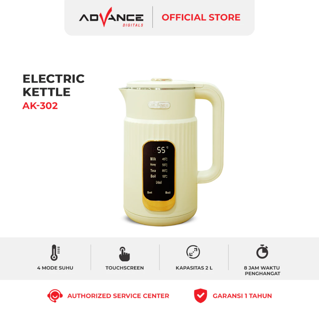 KETEL/ TEKO LISTRIK ADVANCE AK-302 WHITE, KAPASITAS 2 LITER ELECTRIC KETTLE TOUCHSCREEN 850 WATT GARANSI RESMI 1 TAHUN