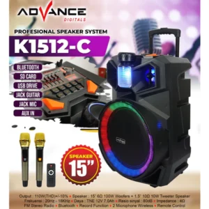 Advance K1512-C Profesional Speaker System Ukuran 15 inch Terdapat Jack Gitar Sudah Bluetooth Free 2 Microphone Wireless Garansi Resmi 1 Tahun
