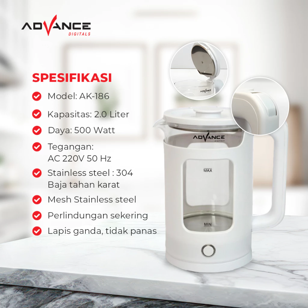 KETEL / TEKO LISTRIK ADVANCE AK-186 KAPASITAS 1.8 LITER STAINLESS STEEL - Image 3