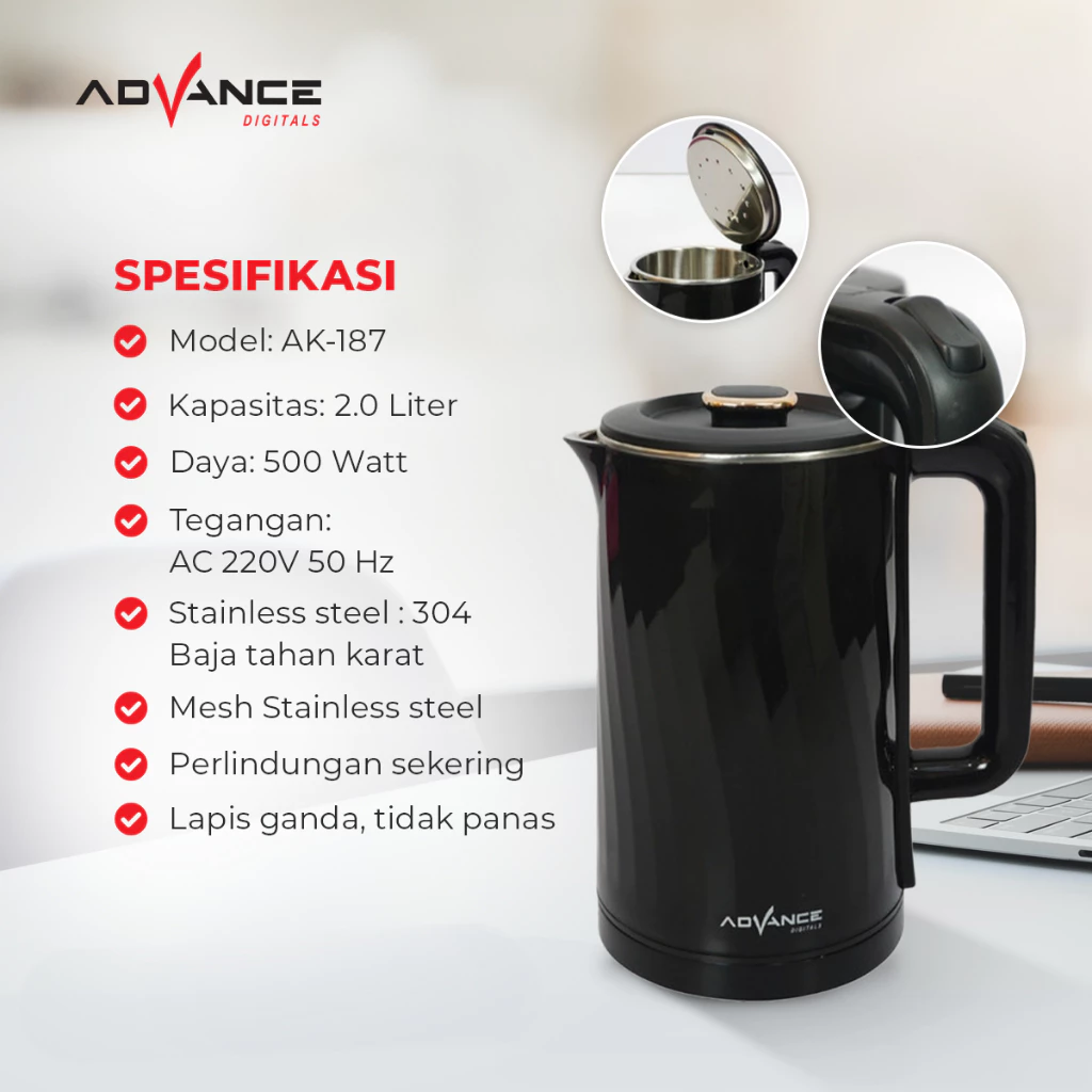 KETEL / TEKO LISTRIK ADVANCE AK-187 KAPASITAS 2 LITER STAINLESS STEEL GARANSI 1 TAHUN - Image 3