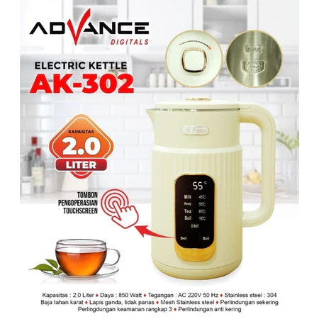 KETEL/ TEKO LISTRIK ADVANCE AK-302 WHITE, KAPASITAS 2 LITER ELECTRIC KETTLE TOUCHSCREEN 850 WATT GARANSI RESMI 1 TAHUN - Image 2