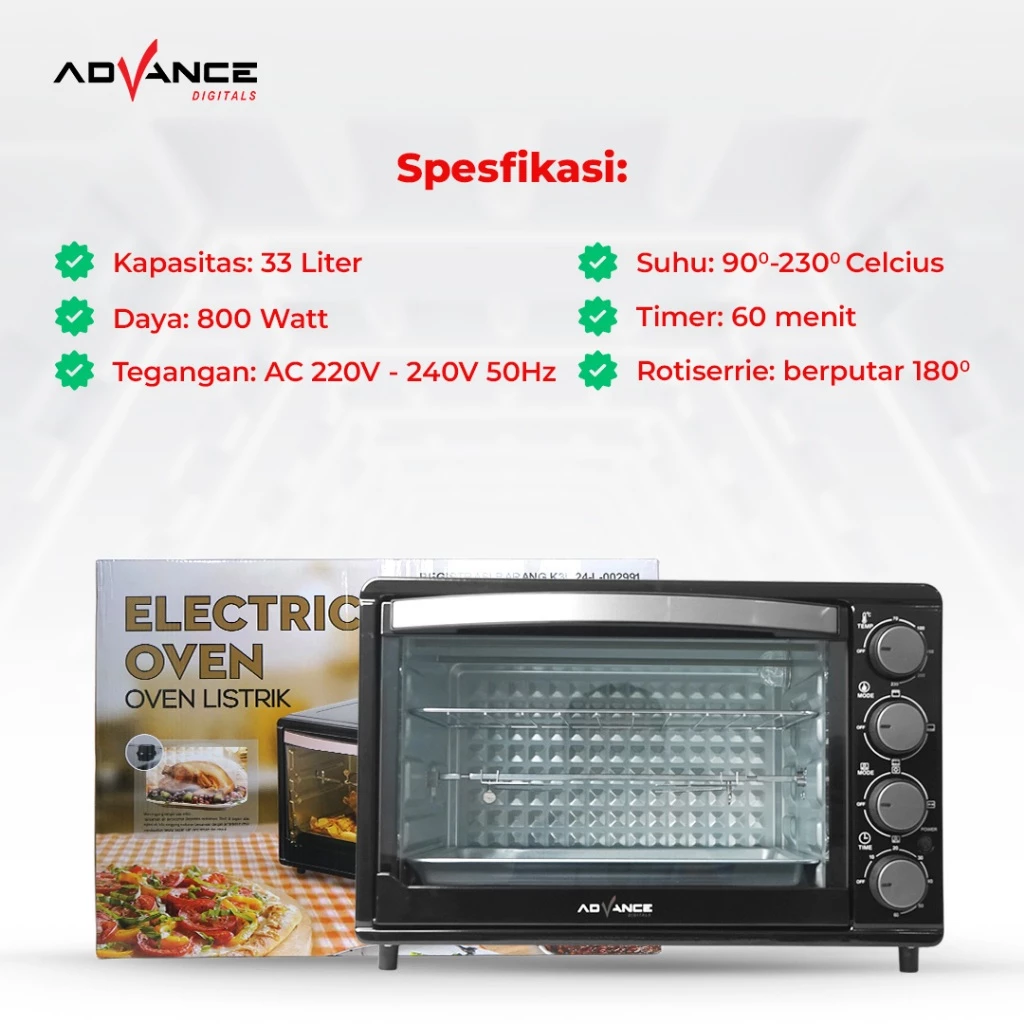 ADVANCE Electric Oven (Oven Listrik ) AOV-600 Kapasitas 33L daya 800 Watt Garansi Resmi 1 Tahun - Image 4