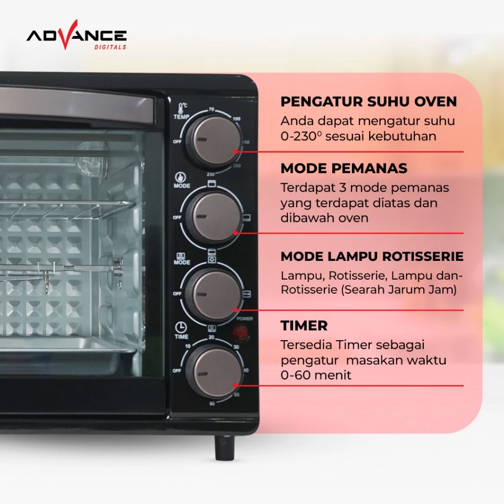 ADVANCE Electric Oven (Oven Listrik ) AOV-600 Kapasitas 33L daya 800 Watt Garansi Resmi 1 Tahun - Image 3