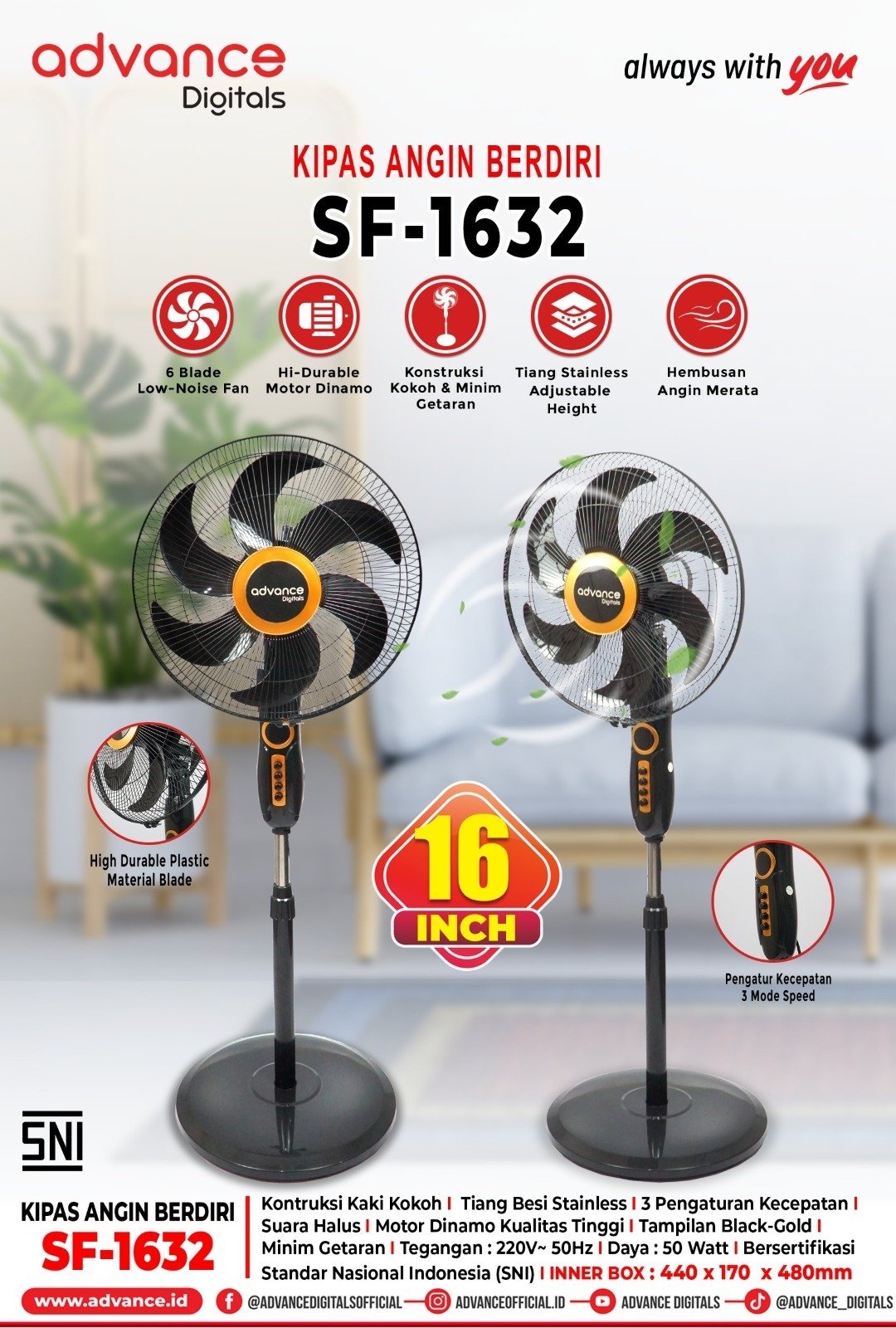 Advance Kipas Angin Berdiri SF-1632 Stand Fan 16 Inch - 6 Blade Low Noise & Tiang Stainless