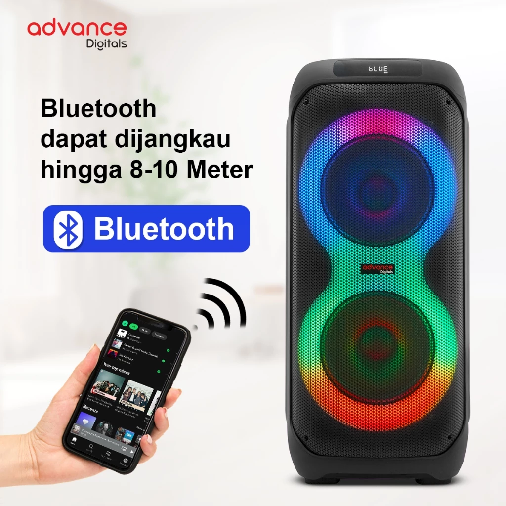 Advance Digitals K10D-A Speaker Portable Bluetooth DUAL 10 Inch Bass Kuat RMS 100W + Mic Wireless Karaoke LED RGB Bergaransi Resmi - Image 3