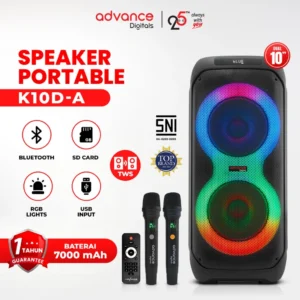 Advance Digitals K10D-A Speaker Portable Bluetooth DUAL 10 Inch Bass Kuat RMS 100W + Mic Wireless Karaoke LED RGB Bergaransi Resmi
