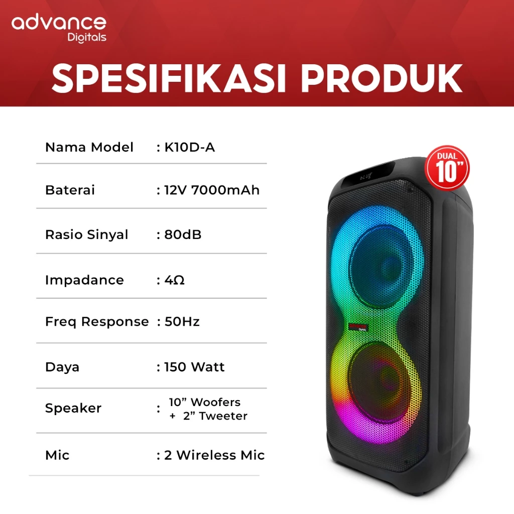 Advance Digitals K10D-A Speaker Portable Bluetooth DUAL 10 Inch Bass Kuat RMS 100W + Mic Wireless Karaoke LED RGB Bergaransi Resmi - Image 4