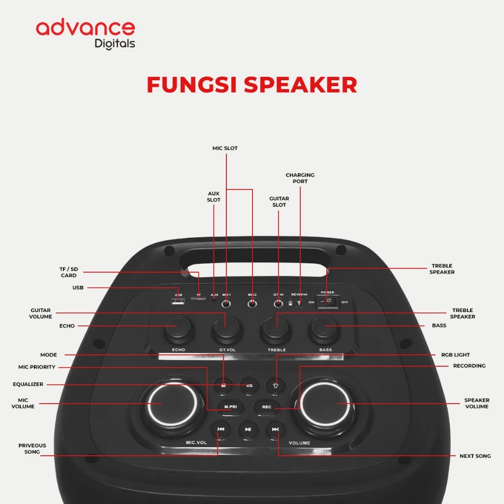 Advance Digitals K10D-A Speaker Portable Bluetooth DUAL 10 Inch Bass Kuat RMS 100W + Mic Wireless Karaoke LED RGB Bergaransi Resmi - Image 5