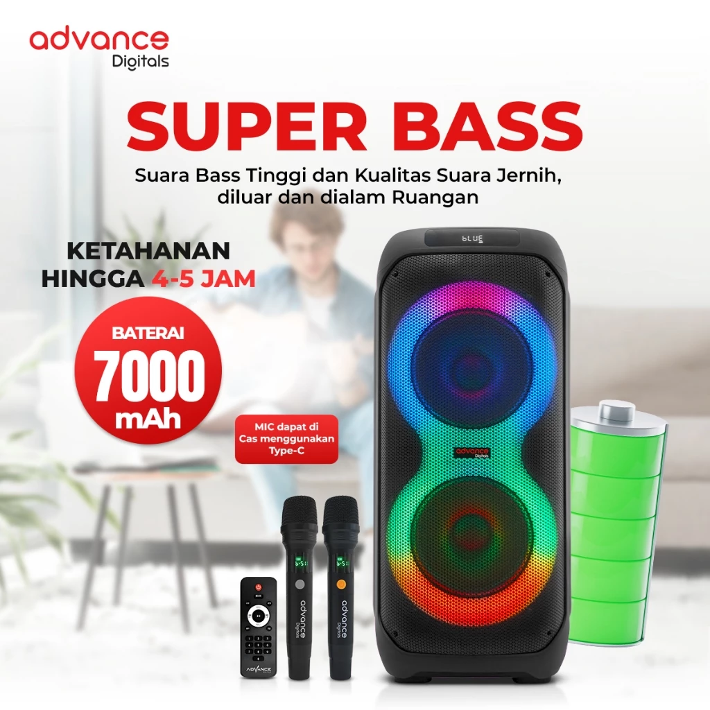 Advance Digitals K10D-A Speaker Portable Bluetooth DUAL 10 Inch Bass Kuat RMS 100W + Mic Wireless Karaoke LED RGB Bergaransi Resmi - Image 6