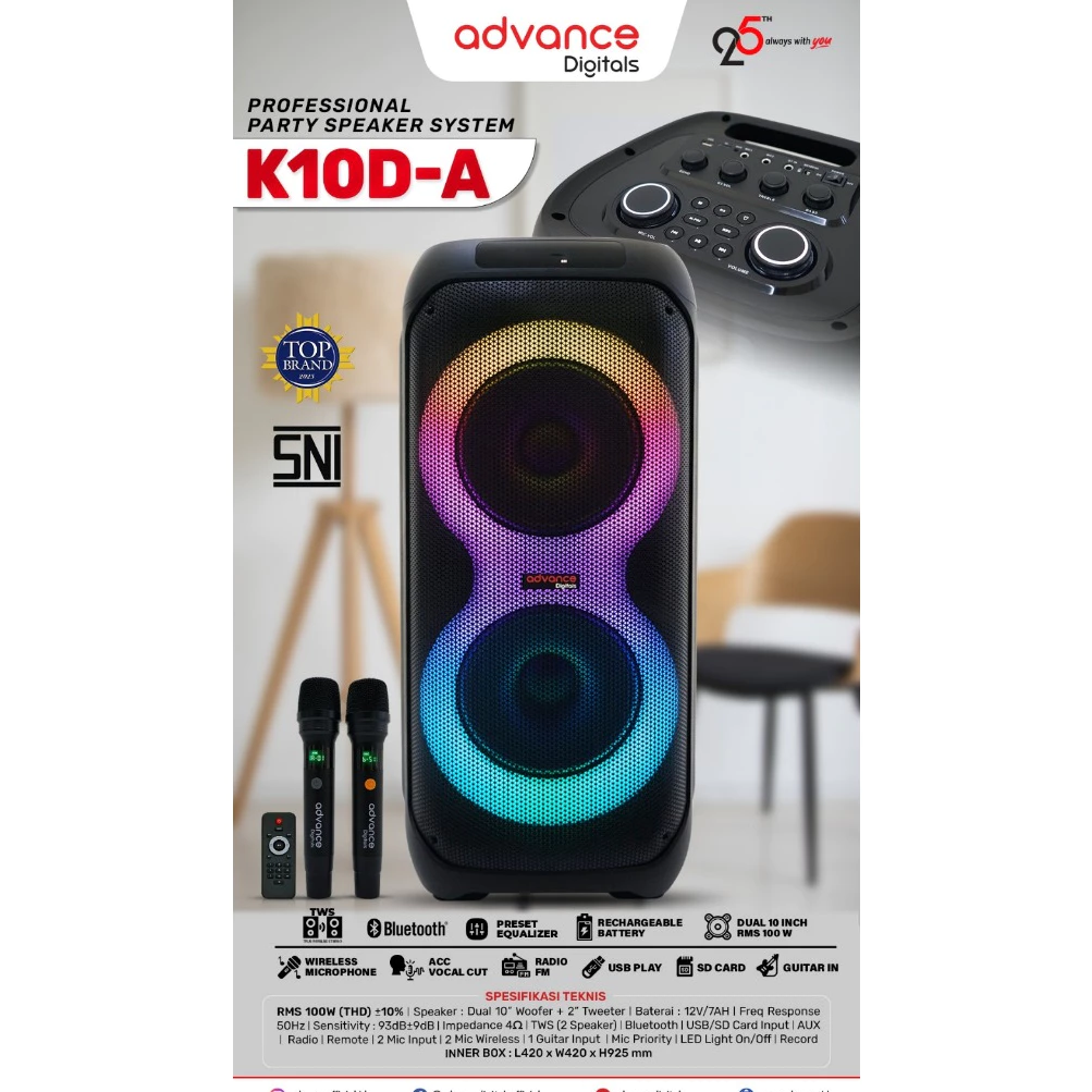 Advance Digitals K10D-A Speaker Portable Bluetooth DUAL 10 Inch Bass Kuat RMS 100W + Mic Wireless Karaoke LED RGB Bergaransi Resmi - Image 9