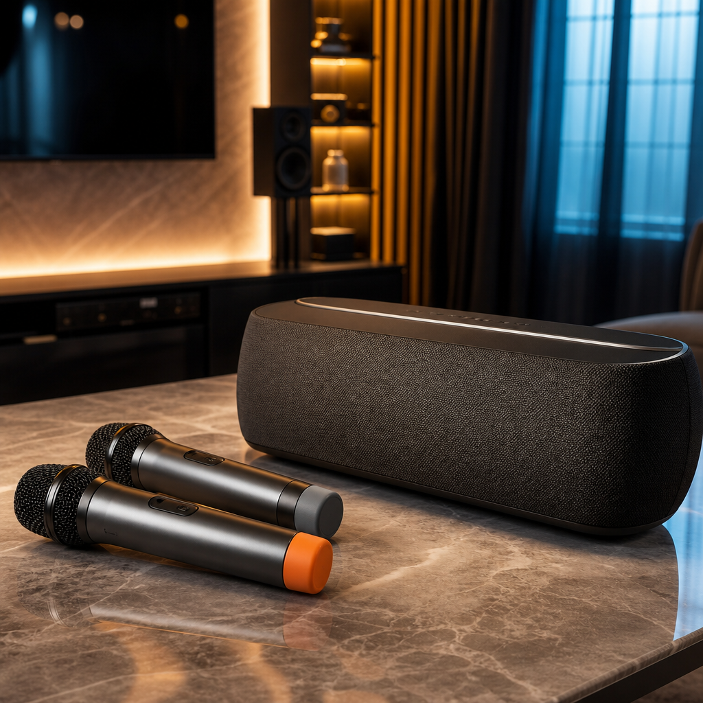 Mic karaoke dan speaker modern untuk hiburan dan usaha