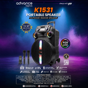 Advance K1531 Portable Speaker 15 Inch Bluetooth RGB LED 70W dengan 2 Wireless Microphone