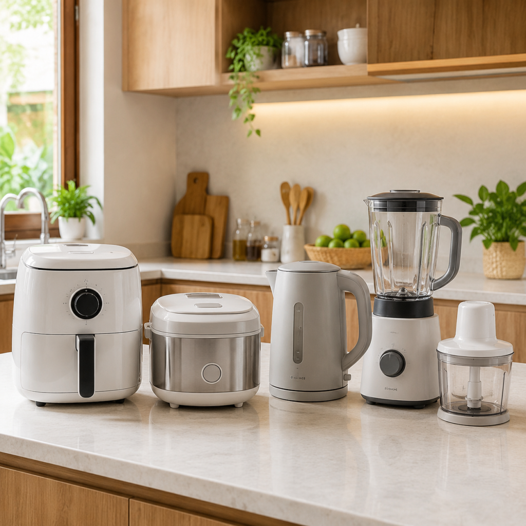 Air fryer, rice cooker, electric kettle, blender, dan chopper hemat listrik di dapur modern.