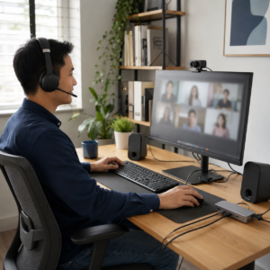 Profesional menggunakan headset, keyboard, mouse, webcam, speaker komputer, dan USB hub saat mengikuti meeting online.