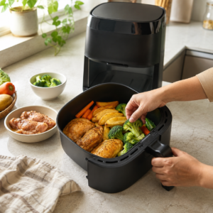Tangan menata ayam, kentang, dan sayuran dalam keranjang air fryer di dapur modern.