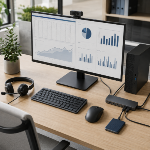 Perangkat komputer kantor dengan monitor, webcam, keyboard, mouse, headset, USB hub, dan SSD eksternal di meja kerja modern.