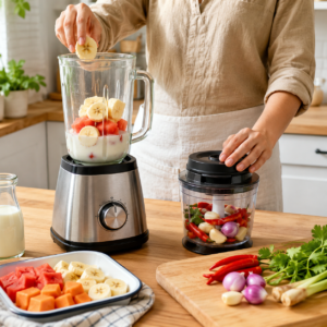 Seseorang menggunakan blender untuk mengolah buah dan chopper untuk mencincang bumbu dapur.