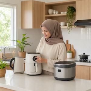 Seorang wanita mengatur air fryer hemat listrik di dapur modern dengan electric kettle dan rice cooker.