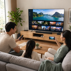 Keluarga menikmati streaming Smart TV 4K di ruang keluarga dengan smartphone, remote, soundbar, dan koneksi Wi-Fi.