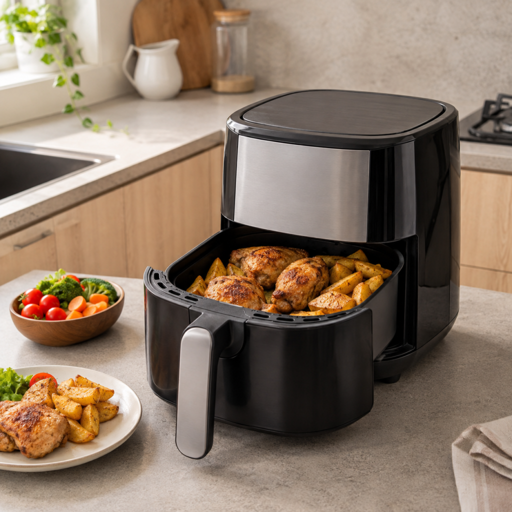Air fryer dengan keranjang berisi ayam dan kentang di dapur modern untuk kebutuhan memasak keluarga.