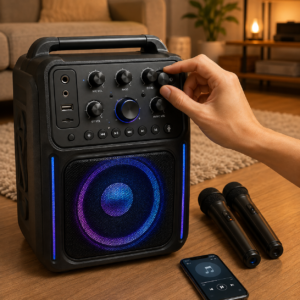 Tangan mengatur kontrol echo pada speaker karaoke Bluetooth dengan dua mikrofon wireless dan smartphone.