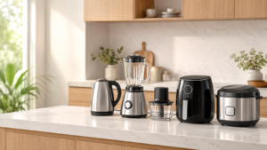 Home appliances untuk dapur modern berupa electric kettle, blender, chopper, air fryer, dan rice cooker