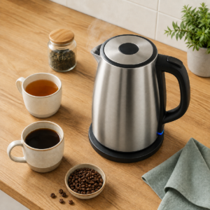 Electric kettle stainless steel untuk menyiapkan teh dan kopi di dapur modern.
