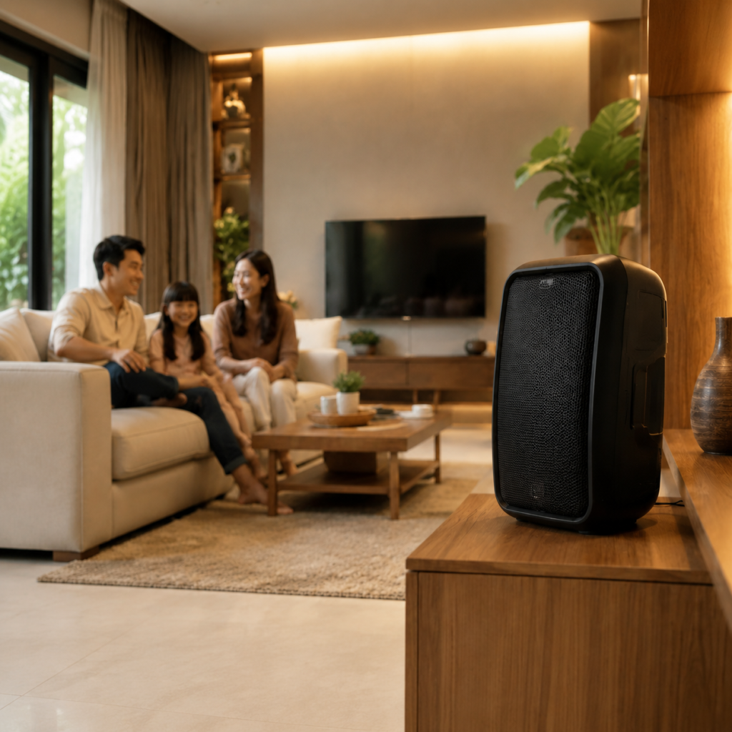 Speaker aktif di ruang keluarga modern bersama keluarga yang menikmati hiburan di rumah