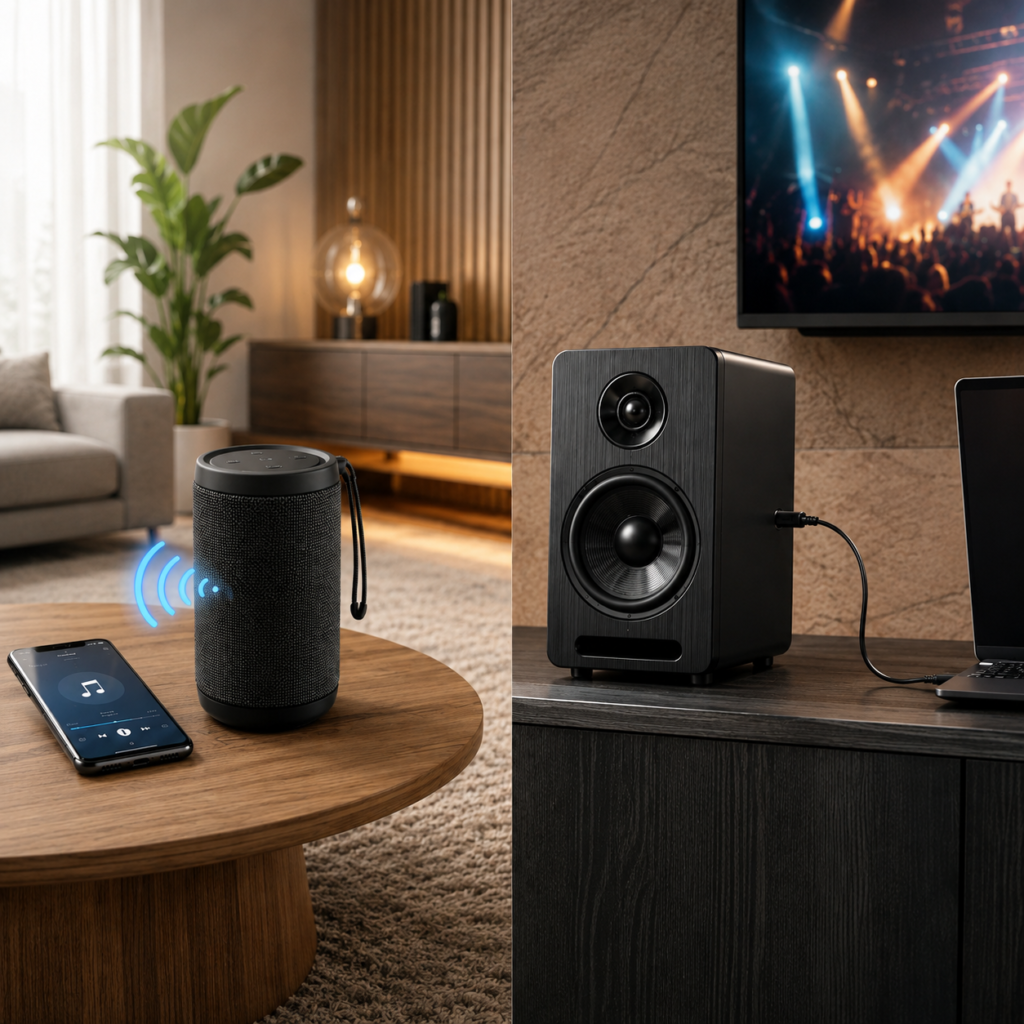 Perbandingan speaker Bluetooth portable dengan smartphone dan speaker kabel yang terhubung ke laptop dalam format persegi.