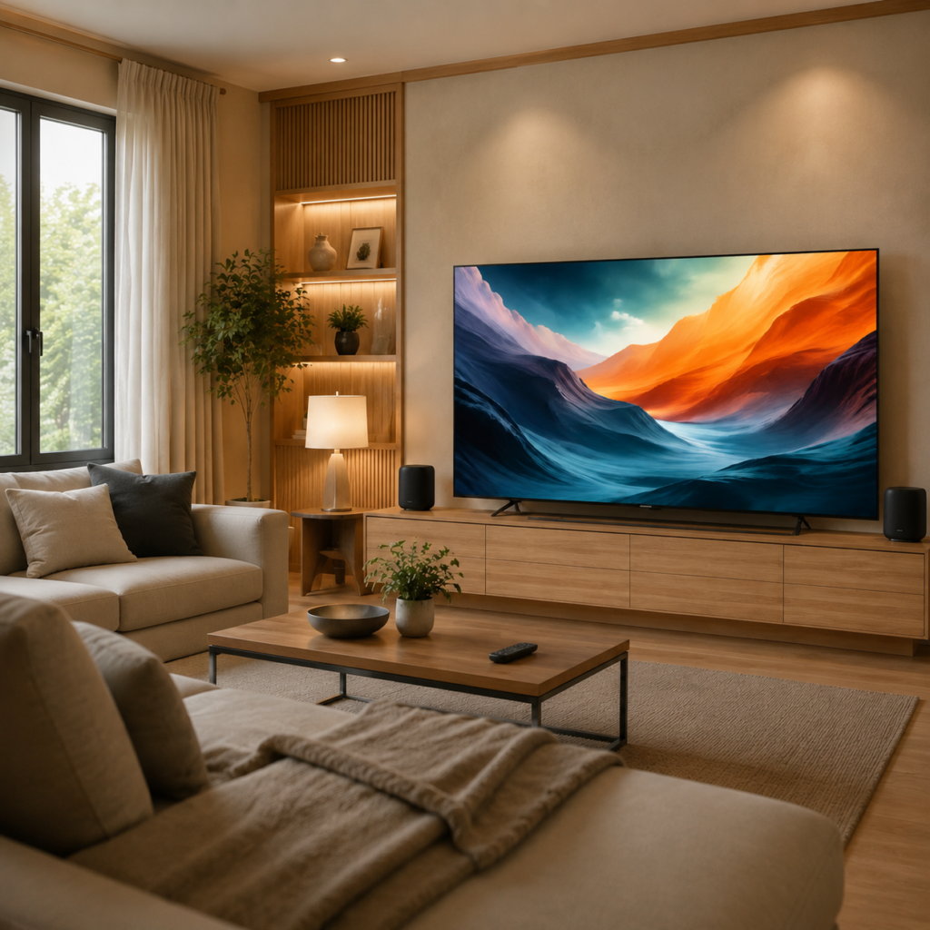 Smart TV layar besar dengan speaker eksternal di ruang keluarga modern