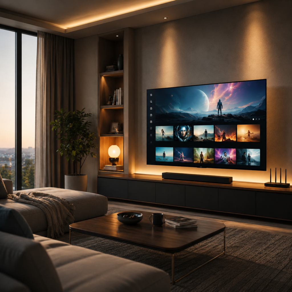 Smart TV untuk streaming di ruang keluarga modern dengan soundbar dan router Wi-Fi.