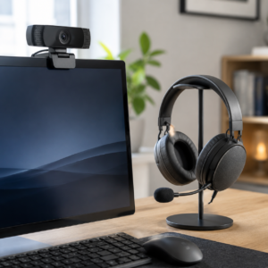 Webcam eksternal dan headset bermikrofon tersusun di meja kerja untuk mendukung meeting online.