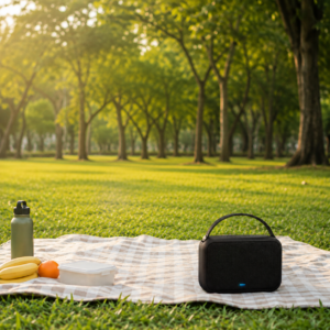 Speaker portable Bluetooth di atas alas piknik dengan latar taman hijau pada sore hari.