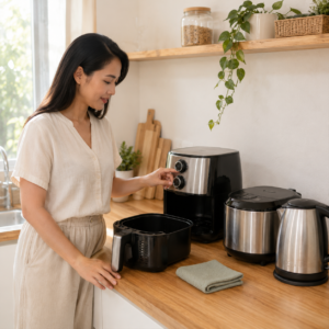 Seorang wanita mengatur air fryer dengan rice cooker dan electric kettle di dapur rumah modern.