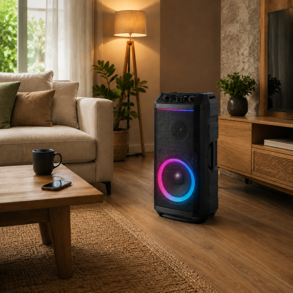 Speaker aktif Bluetooth dengan lampu RGB berwarna-warni di ruang keluarga modern untuk musik dan karaoke.