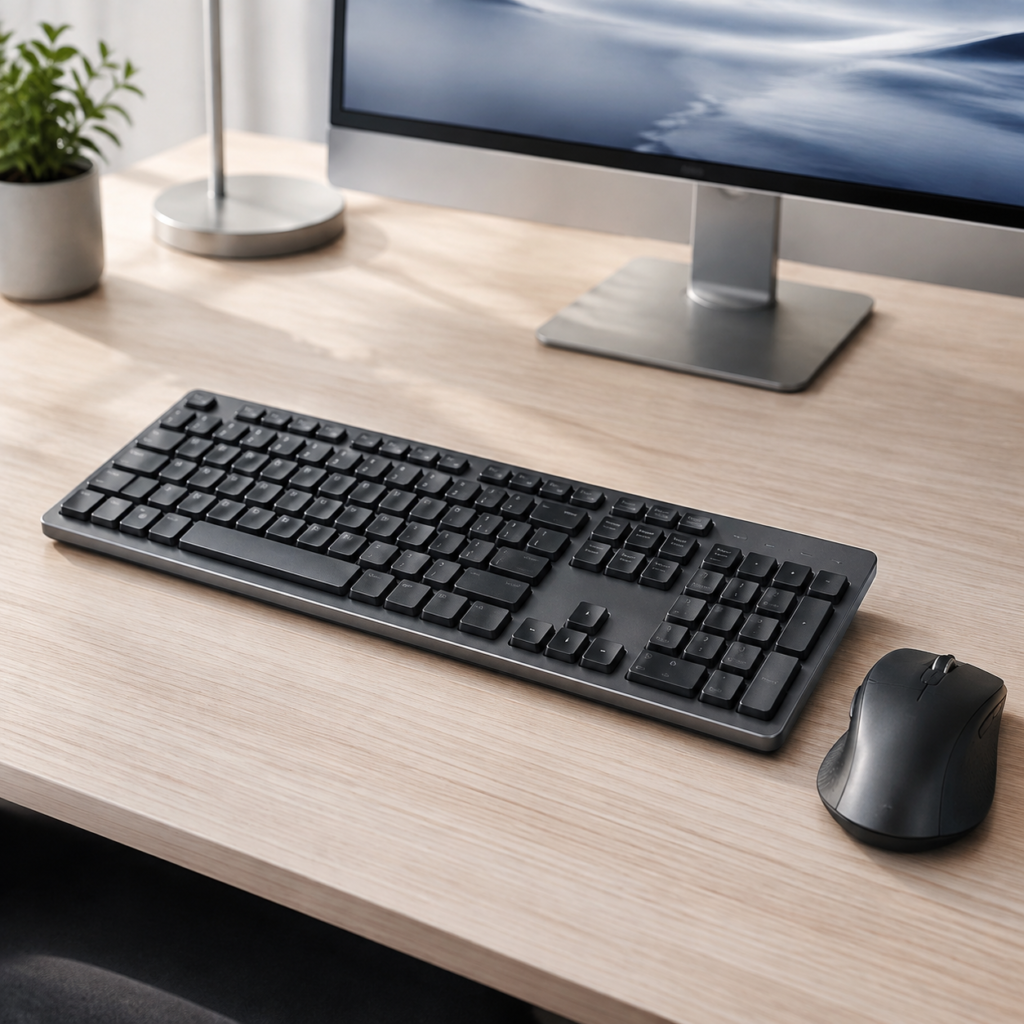 Keyboard full-size dan mouse ergonomis di meja kerja modern untuk meningkatkan kenyamanan dan produktivitas.