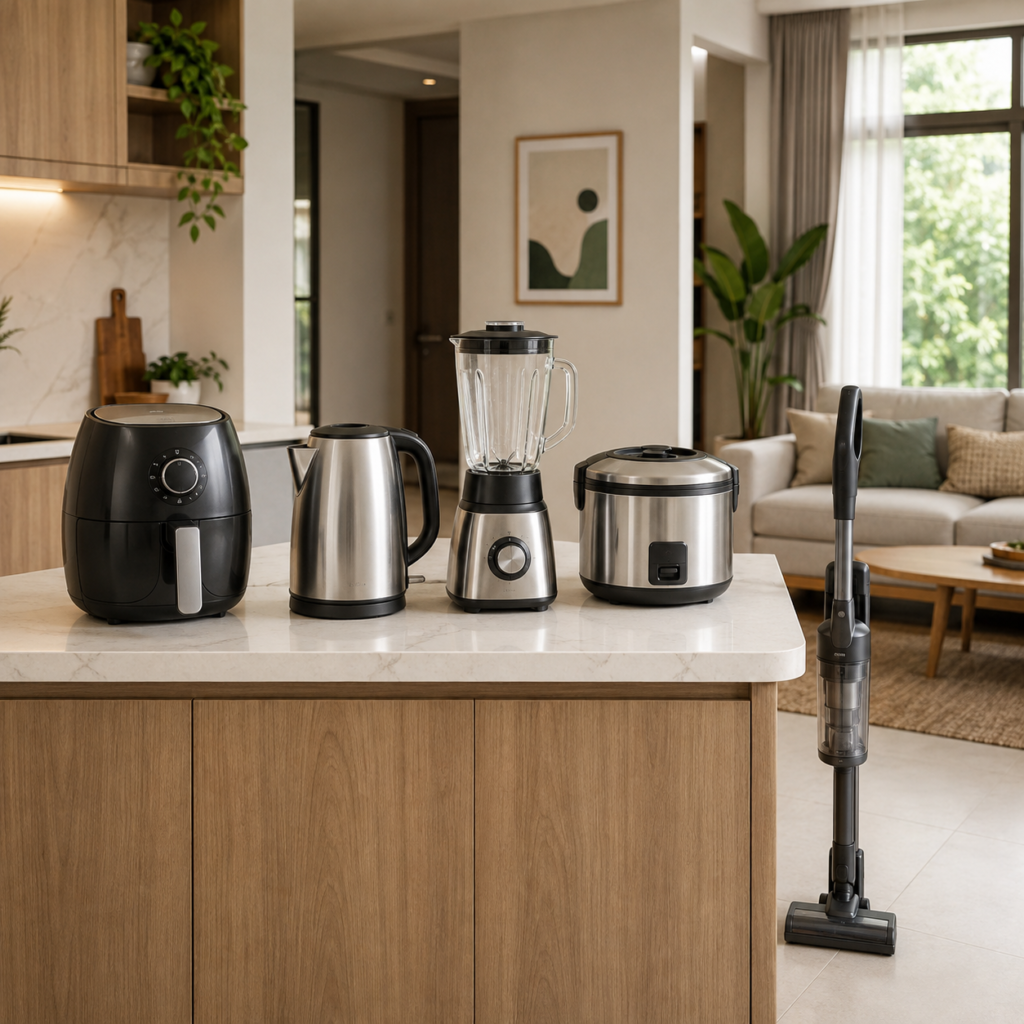 r fryer, electric kettle, blender, rice cooker, dan vacuum cleaner modern di dapur rumah.