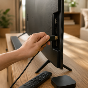 Tangan menghubungkan kabel ke port TV LED dengan remote dan perangkat streaming di meja.