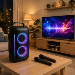 Speaker karaoke dengan dua mikrofon wireless untuk acara keluarga