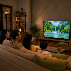 Keluarga Indonesia menikmati tayangan Smart TV bersama di ruang keluarga yang nyaman