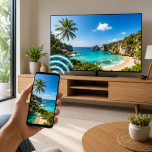 Fitur screen casting menampilkan konten smartphone ke layar Android Smart TV