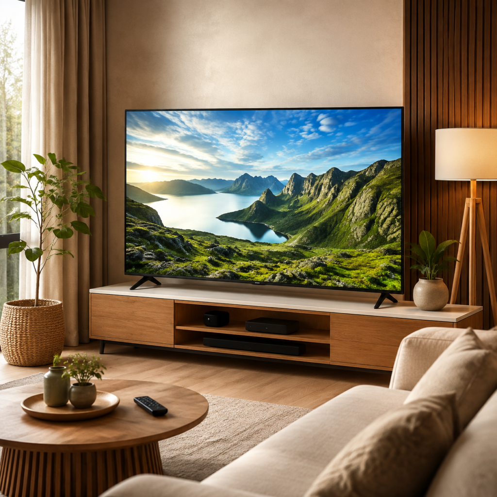 TV LED layar lebar dengan gambar tajam di ruang keluarga modern yang nyaman.