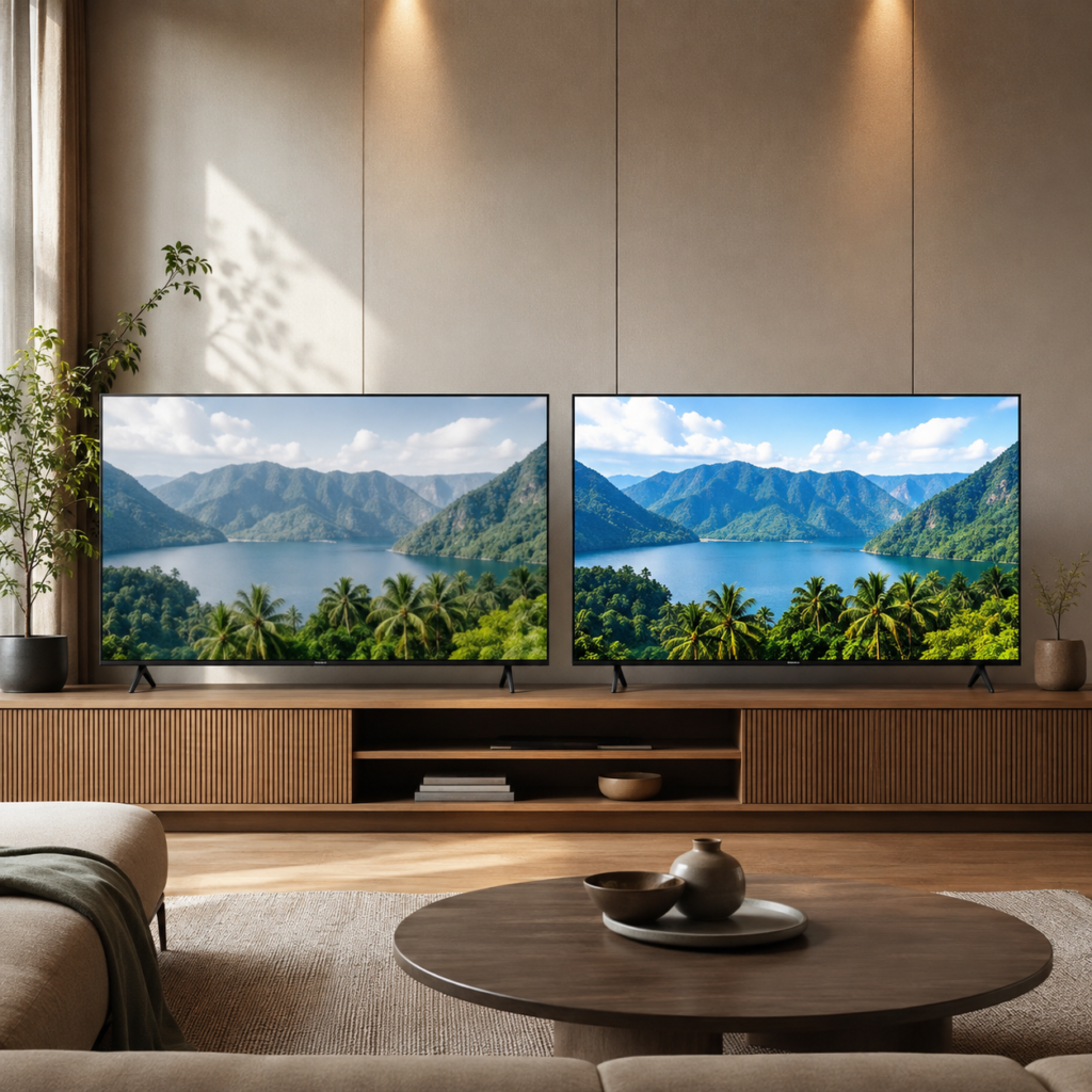 Perbandingan kualitas gambar TV Full HD dan TV 4K di ruang keluarga modern.
