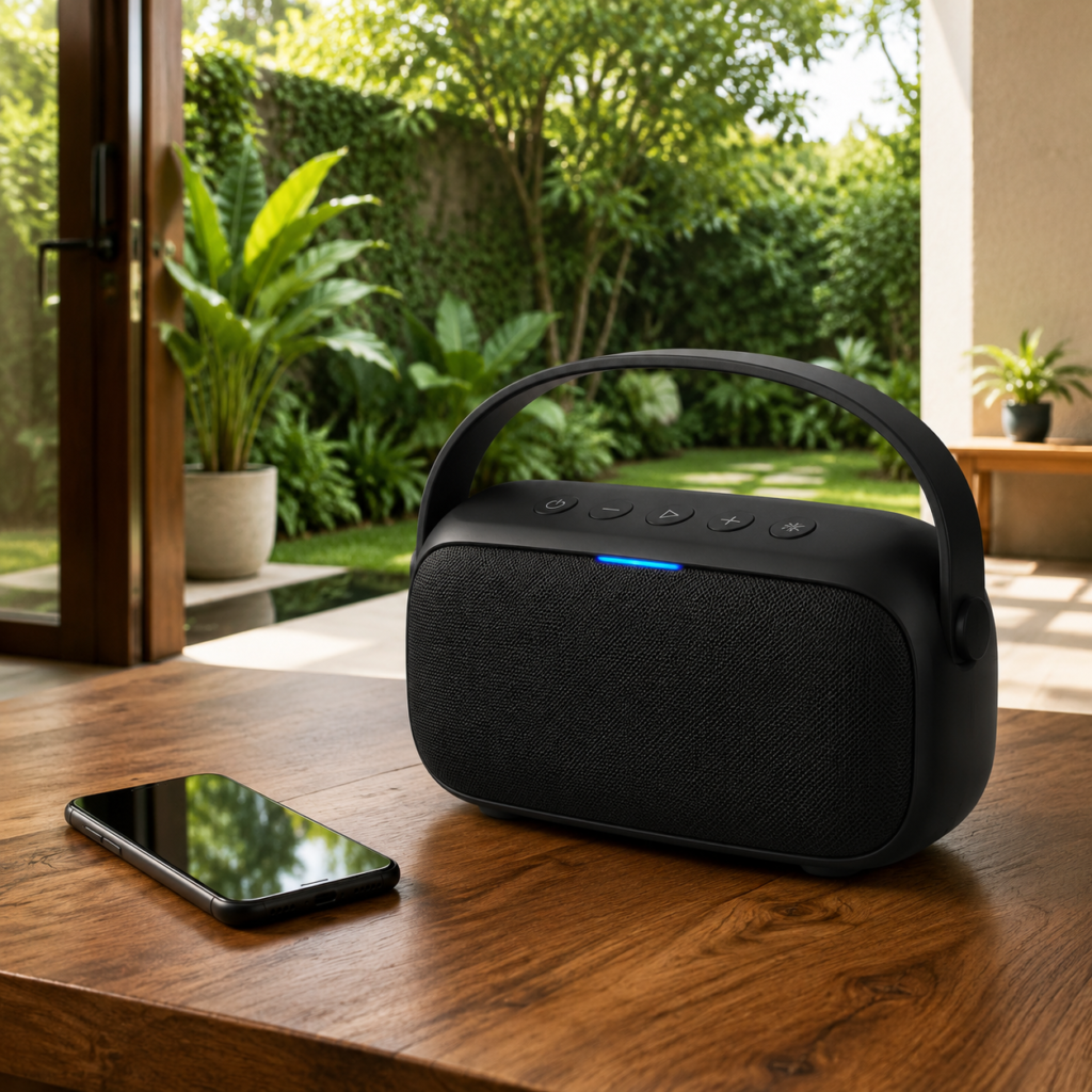 Speaker portable Bluetooth dengan pegangan dan ponsel di atas meja kayu dekat taman rumah.