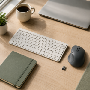 Keyboard compact dan mouse wireless ergonomis dengan receiver USB di atas meja kerja minimalis.