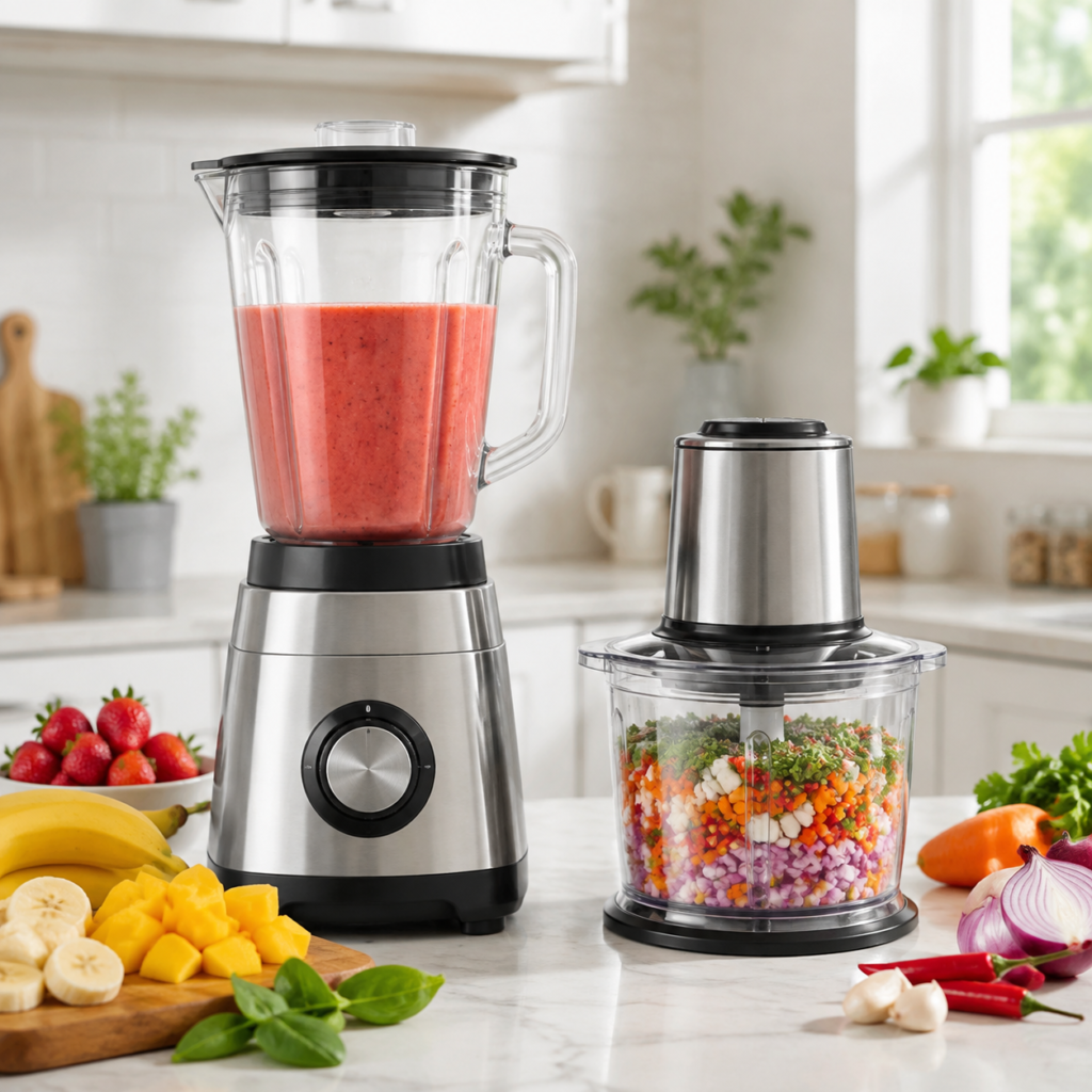 Blender berisi smoothie buah dan chopper berisi potongan sayuran di dapur modern.