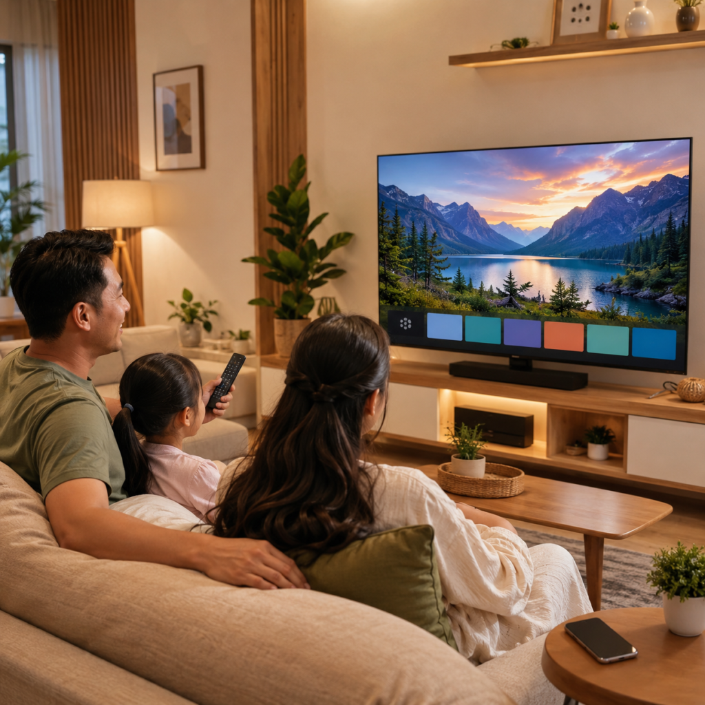 Keluarga menikmati tayangan Android Smart TV di ruang keluarga modern dan nyaman.